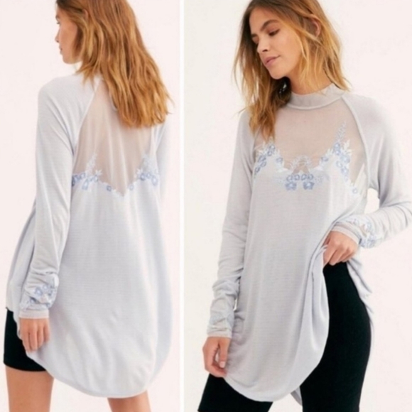 Free People Saheli Glacial Ice Blue Mesh Bodice Floral Embroidered Top, … - Picture 1 of 16